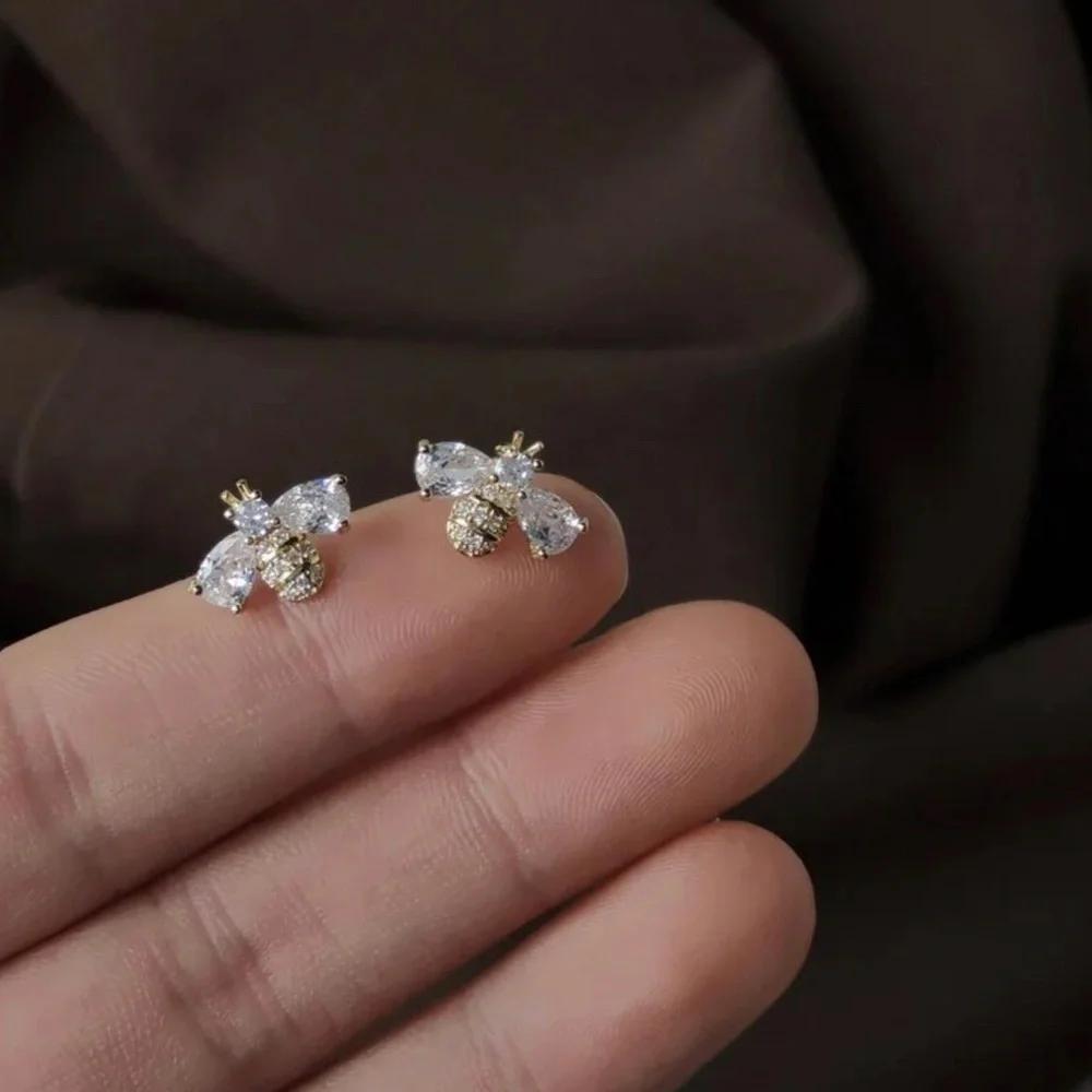 Rhodium and Gold Plated Bee With Natural Embedded Zircon Stud Earrings